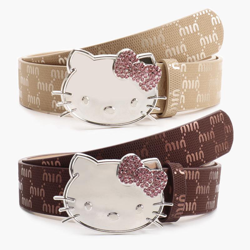 Metalowy Pasek Damski Hello Kitty z Nadrukiem Litery i Cyrkoniami do Codziennego i Eleganckiego Ubioru