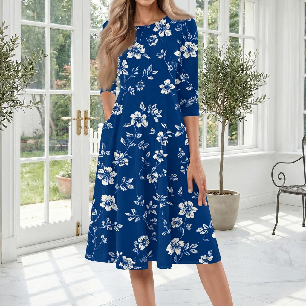 Women's Casual Fashion Round Neck Three Quarter Sleeve Printed Midi Dress