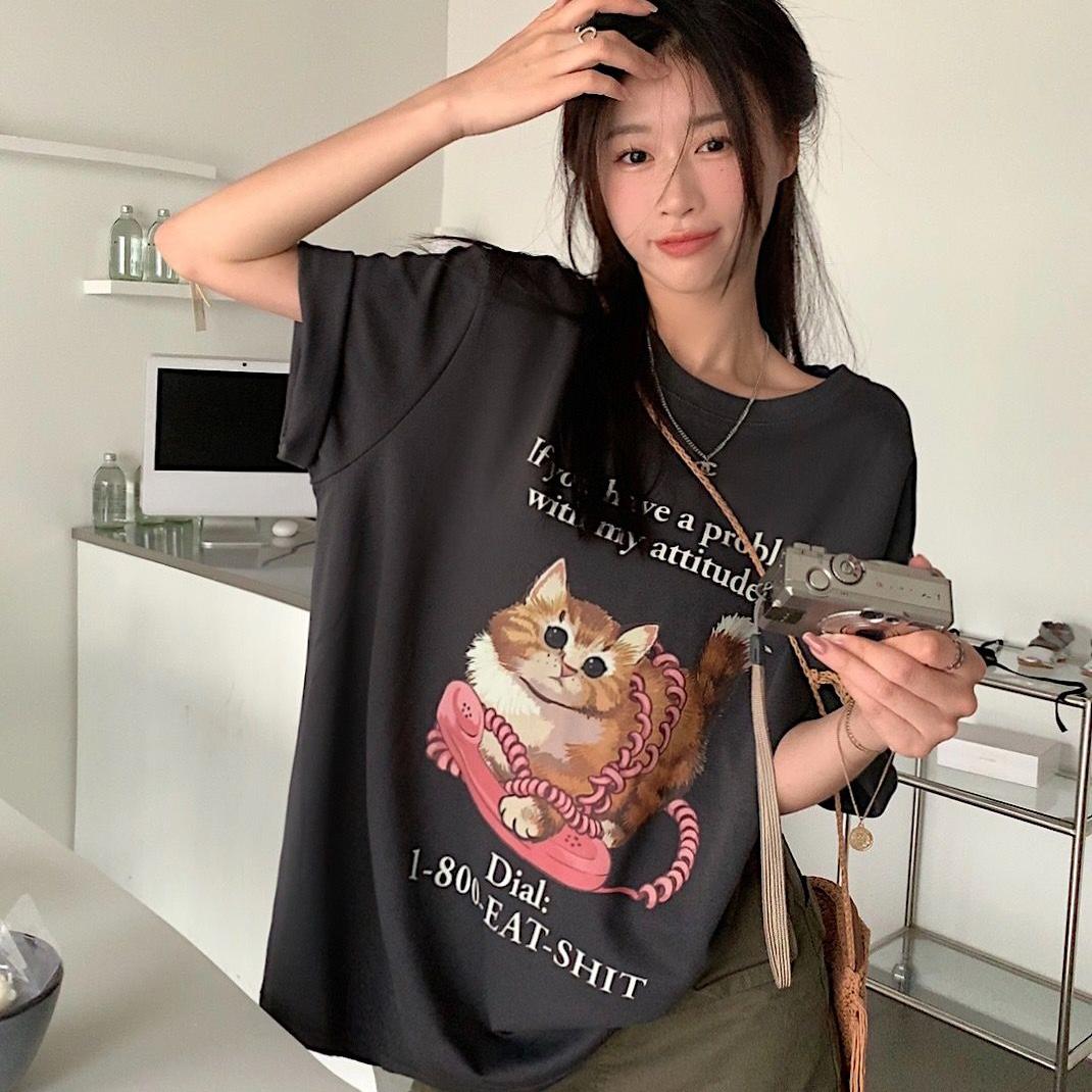 

2025 летняя повседневная футболка большого размера из чистого хлопка с коротким рукавом футболки для женщин harajuku милый мультяшный принт кота розовые топы y2k хип-хоп уличная одежда 3XL чёрный