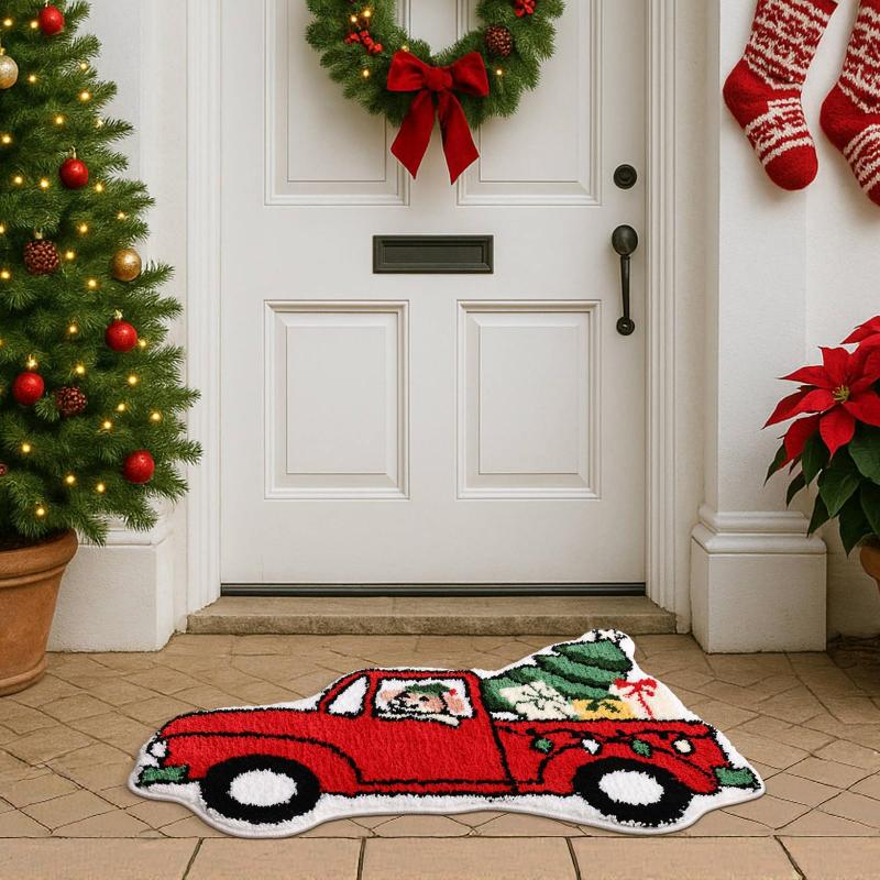 Holiday Red Truck Christmas Tree Plush Bath Mat Easy‑Care Rug for Indoor Bedroom Xmas Home Decoration