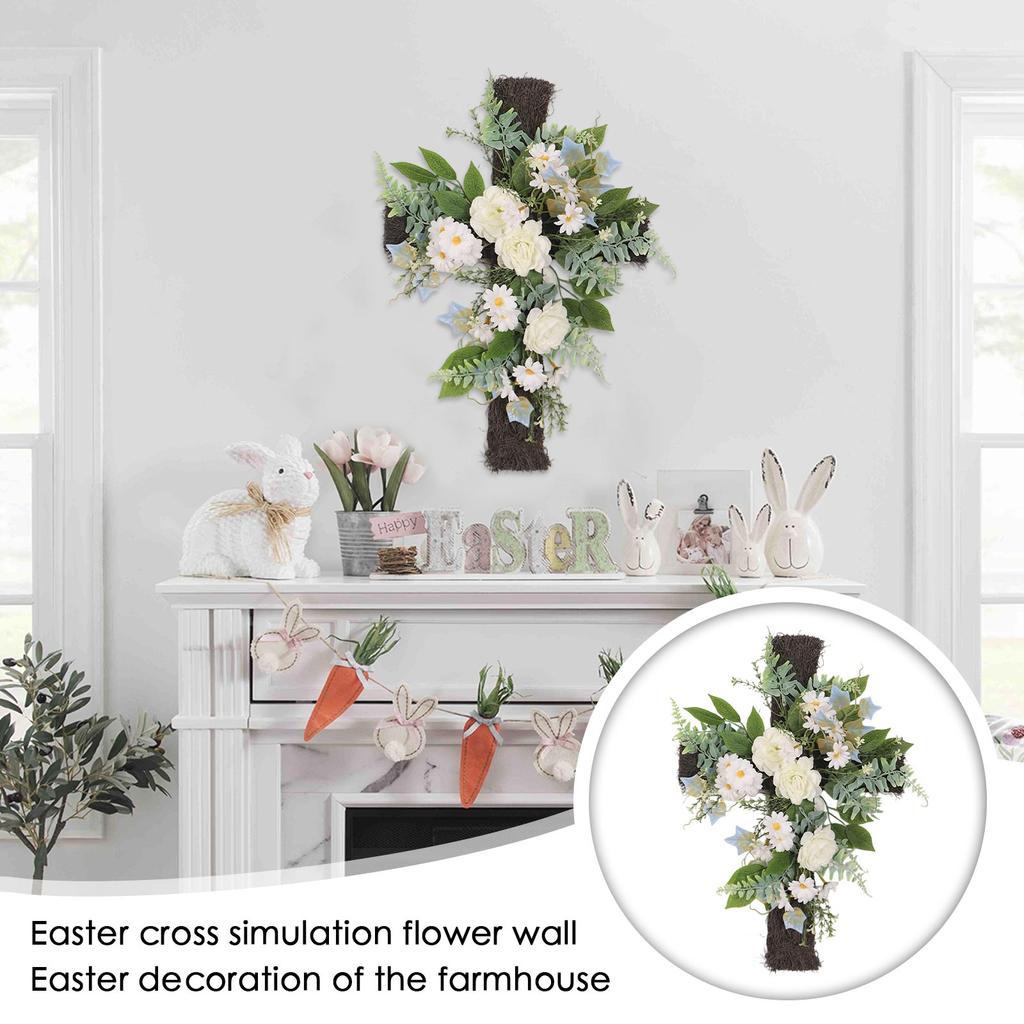 Easter Cross Simulation Flower Wall Hanging Wreath, Artificial Flower Decoration, Easter Farmhouse Front Door Decorations