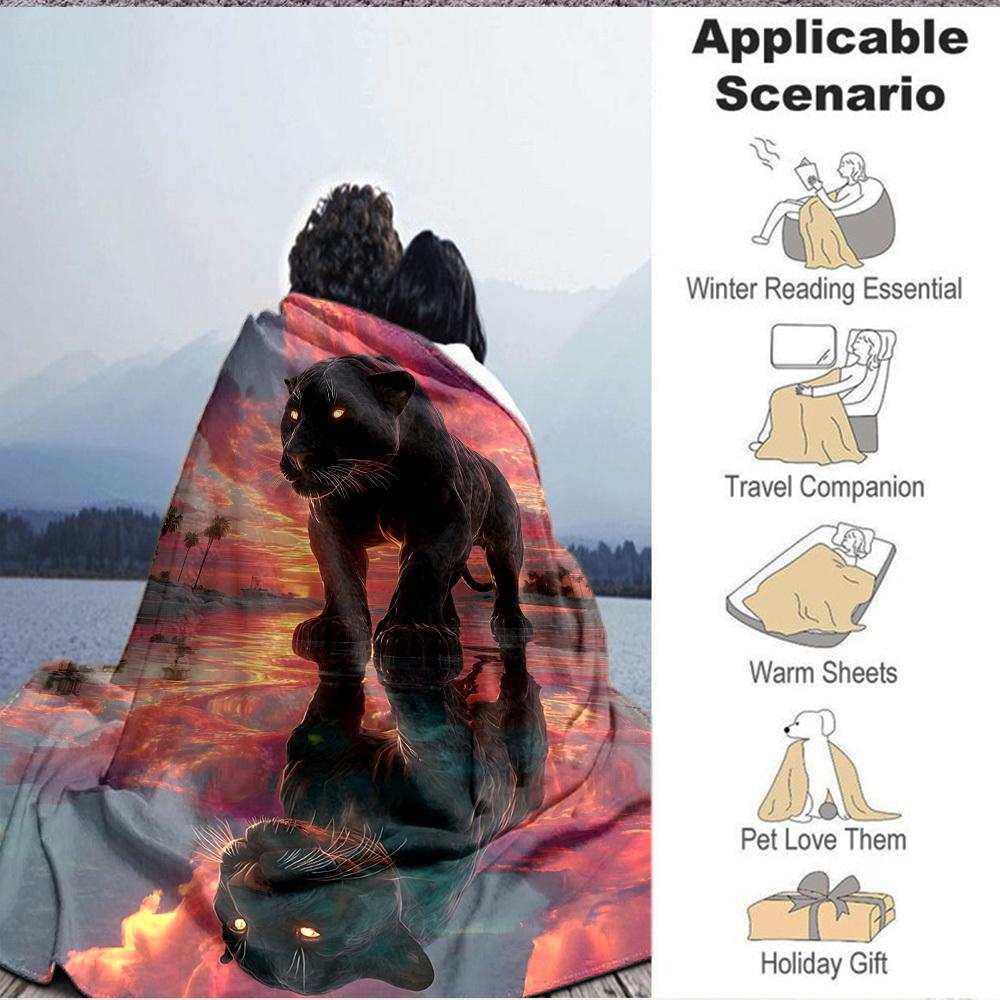 1pc Panther Reflection Sunset Blanket Lightweight Flannel Blanket Throw Blanket For Sofa, Bed, Travel, Camping, Livingroom, Office, Couch, Chair, And