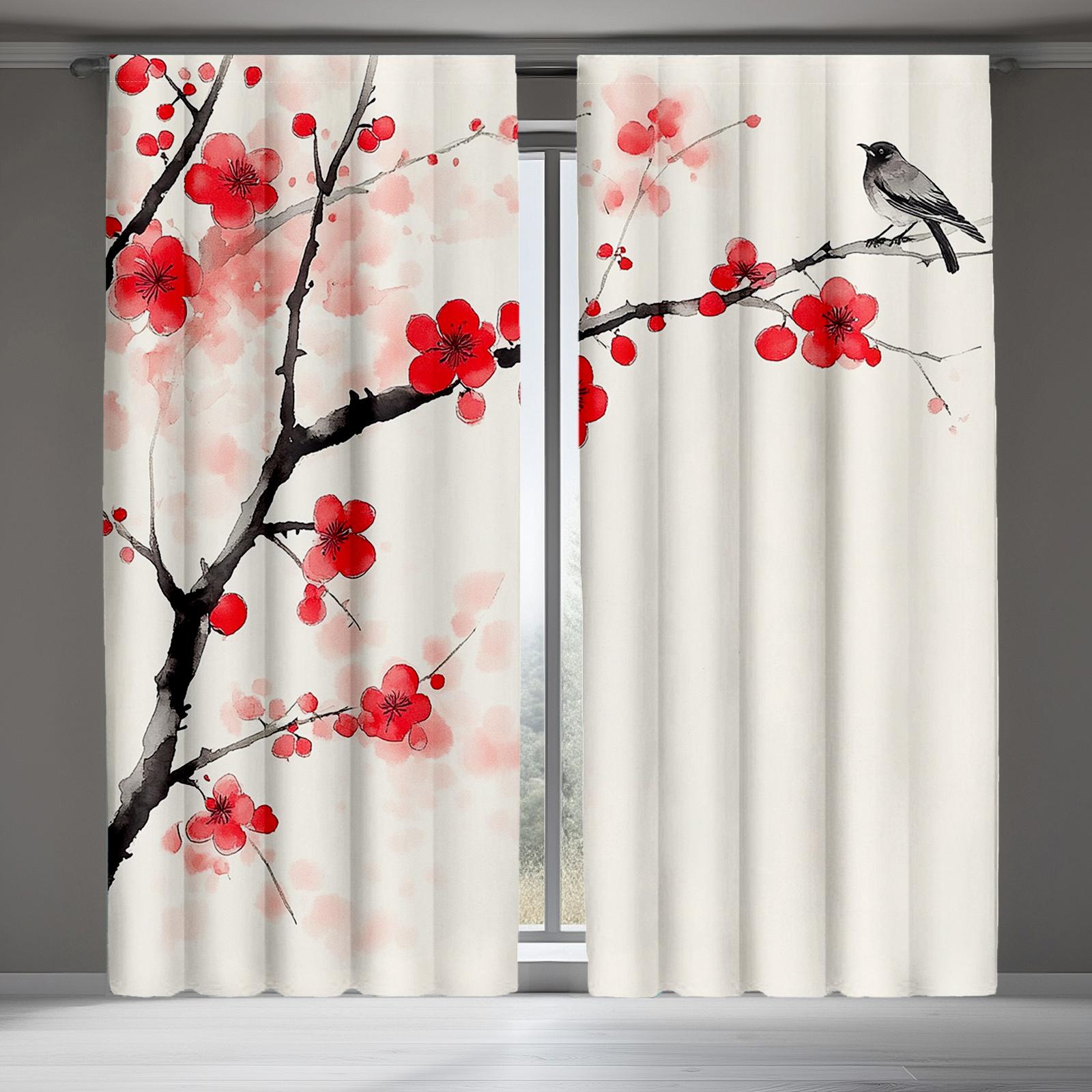 

2 Pieces Elegant Plum Blossom Print Curtains, Polyester Fabric, Machine Washable, Suitable For Bedroom Living Room Decoration 53x116cm &2pc