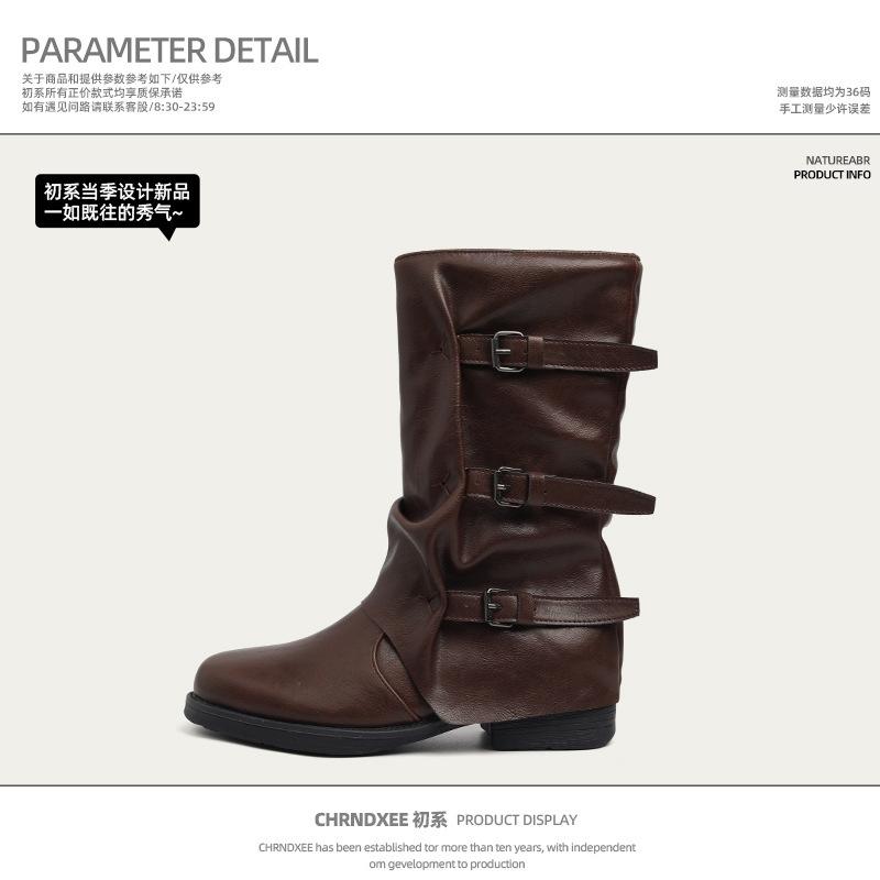 

Версия из коровьей кожи~ Пряжка ремня в стиле пустоши, брюки-трубы, женские осенне-зимние ретро ботинки на толстой подошве в стиле вестерн, ковбойские ботинки со складками, ботинки средней высоты 40 коричневый