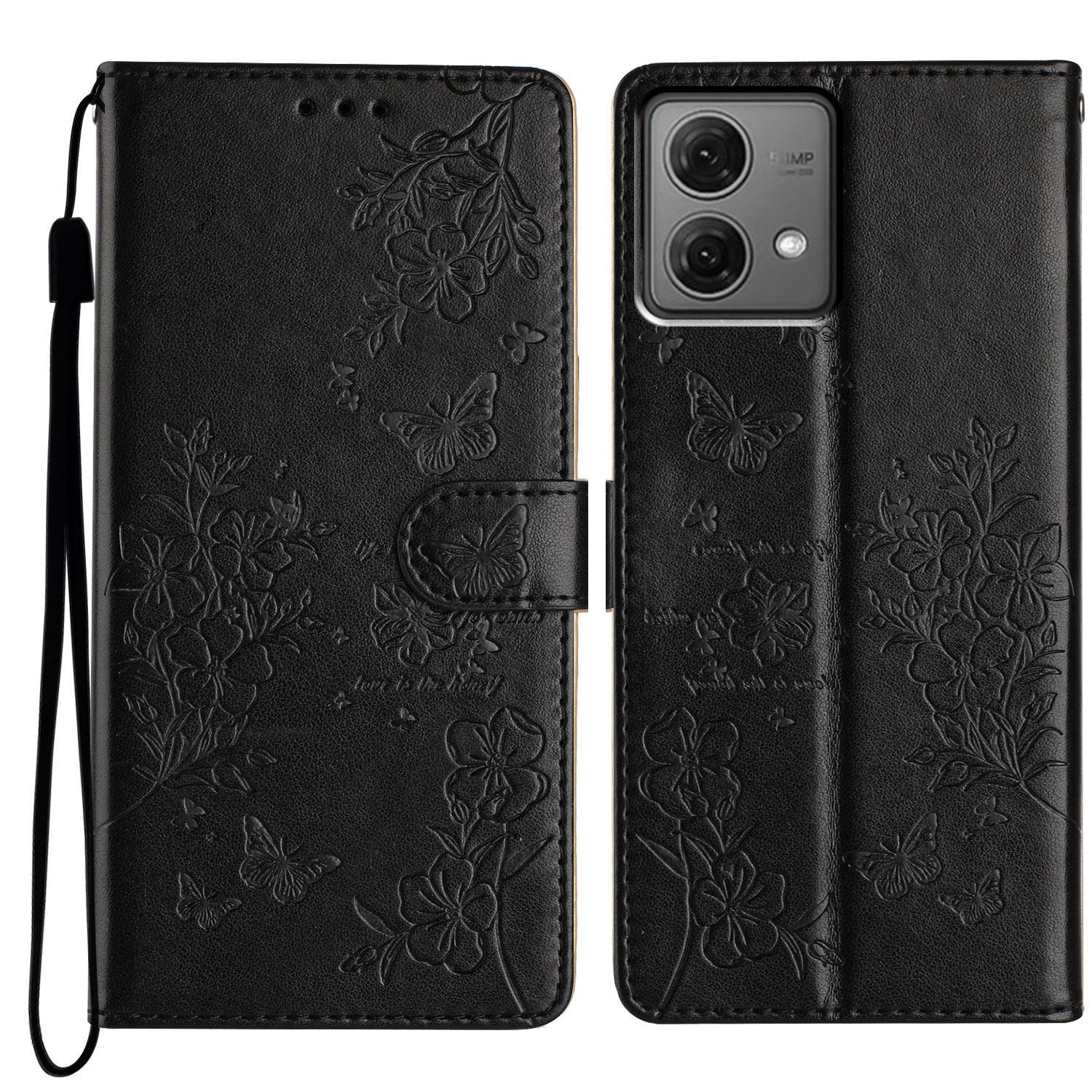 

For Motorola Moto G84 5G Stand Case Butterfly Floral Imprint Leather Phone Cover with Wallet Black