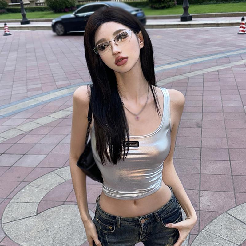 Women Crop Top Silver Slim Sleeveless Camisole Top