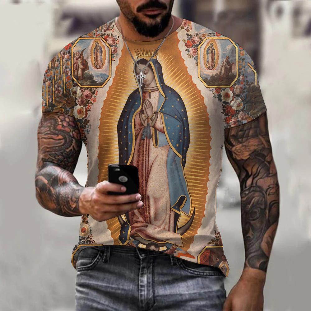 Summer Round Neck 3D Guadalupe Virgin Mary Catholic Print Top Fashionable Casual Short Sleeved Men's T-shirts