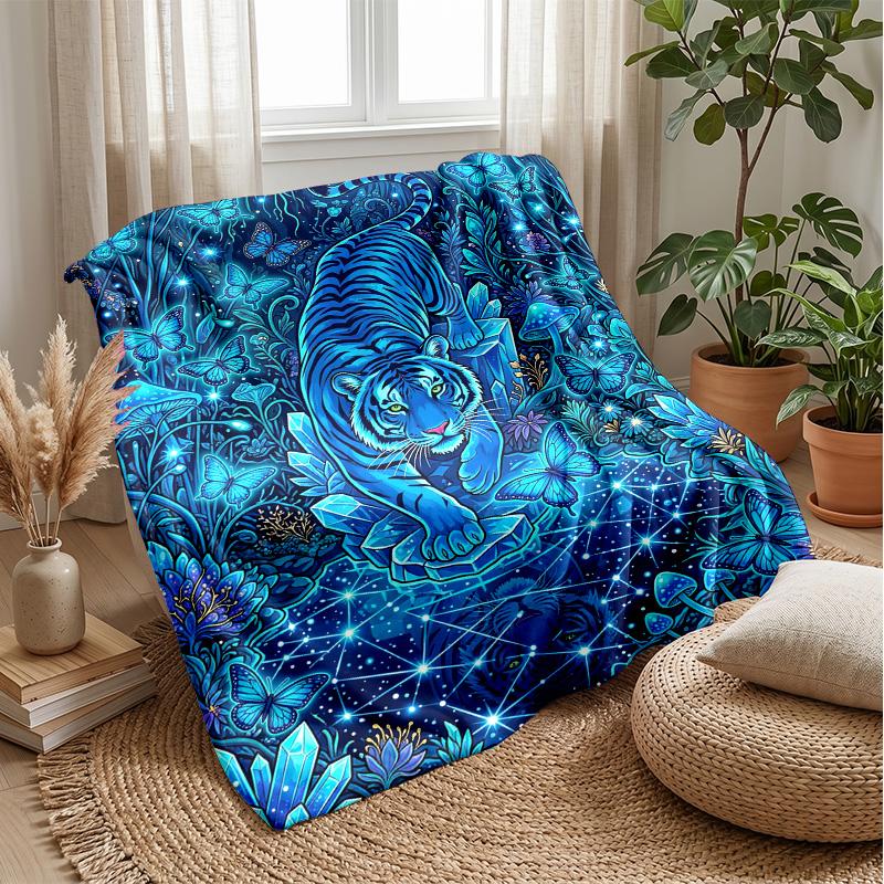 Blue Tiger Spirit Blanket Personalized Name Flannel Blanket Soft Cozy Plush Throw for Sofa Bed Lightweight Home Decor