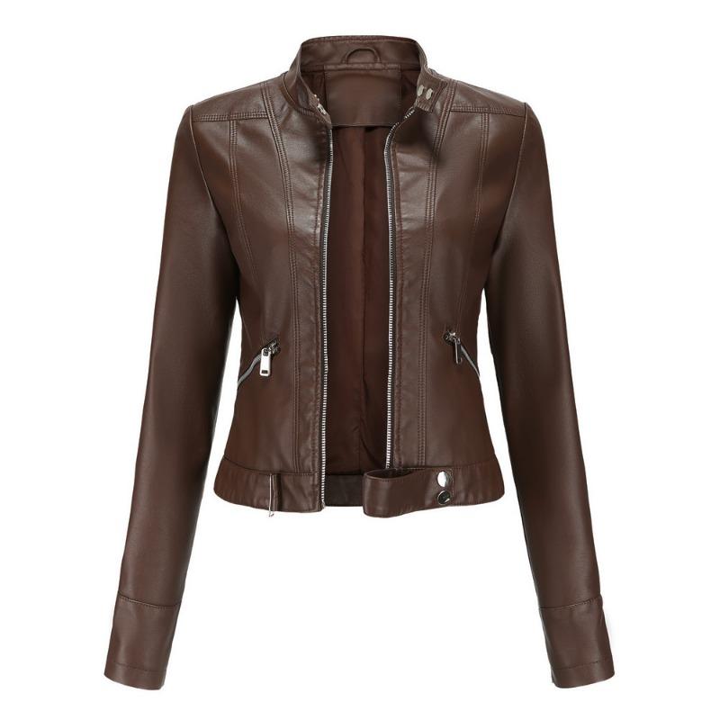 2 New Leather Jacket Women's Short Small Coat Spring and Autumn Stand-up Collar Women's Leather Jacket Women's Thin Leather Coat