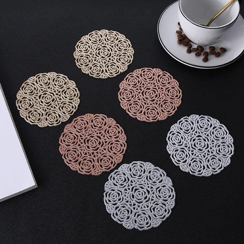 1pc Cocktail Coasters, Round Rose Hollow Coasters, Washable, Easy To Clean, Non-Slip, Heat-Resistant Suitable For Dining Table Decor, Home Decor