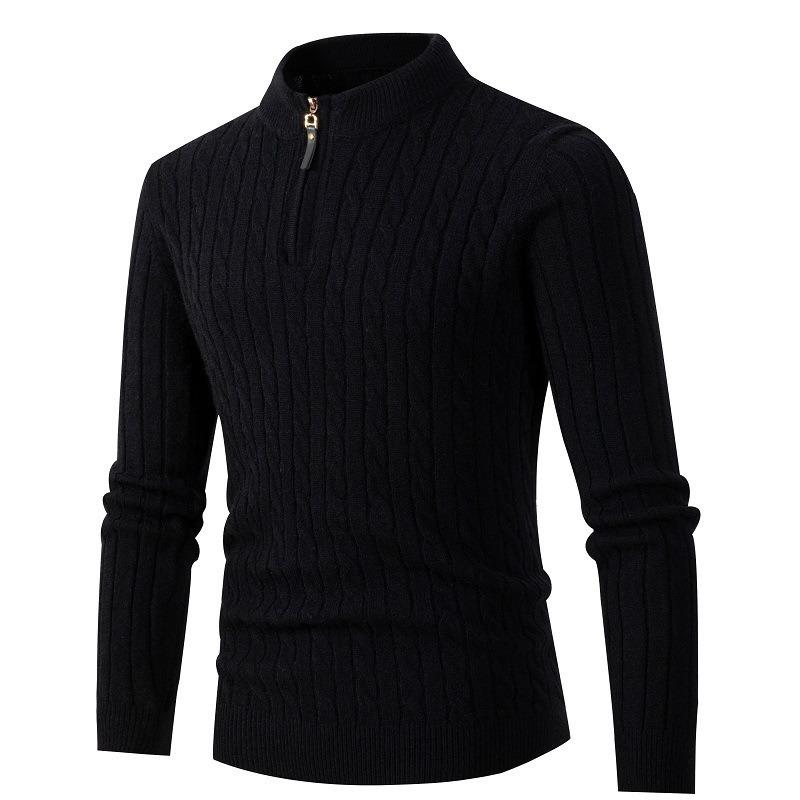 British Style Half Zip Stand Collar Mens Twisted Thick Knit Sweater