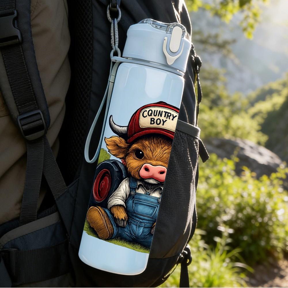 1PC Farmer Cow Cartoon Print 750ml Color Plastic Sports Water Bottle Leakproof Flip Straw Lid Suitable for Sports Office Home Use