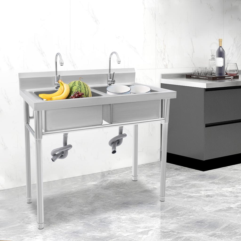 Commercial 2-Compartment Stainless Steel Utility Sink with Faucet- Free Standing Kitchen Sink for Restaurant, Garage & Laundry