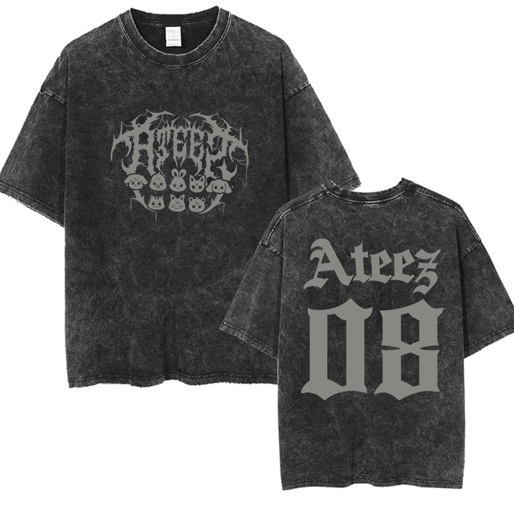 Vintage Washed Ateez Yunho Kpop Band Album 2026 TShirt Mens Women Hip Hop Loose Korean Fashion Short Sleeve T Shirt Streetwear