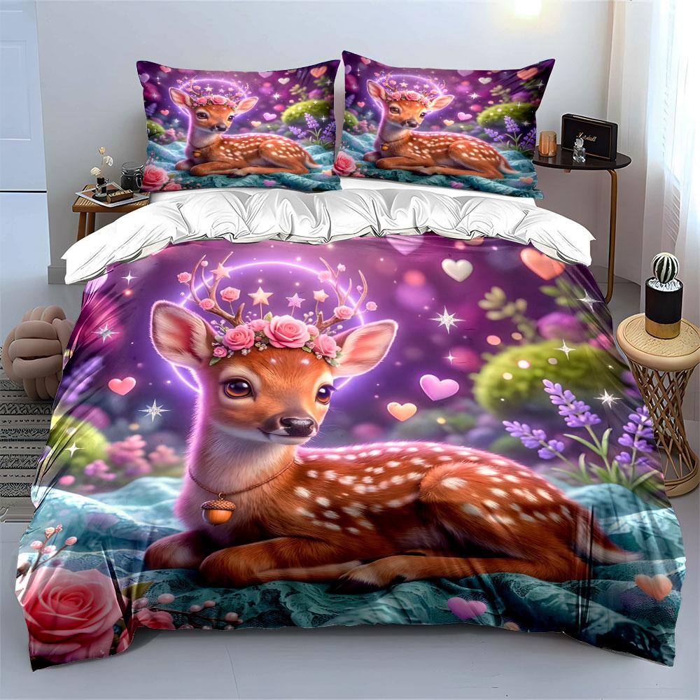 Romantic Fawn with Dreamy Floral Crown Print Bedding Set 1 Duvet Cover 2 Pillowcases for Adult and Children Luxury Gift