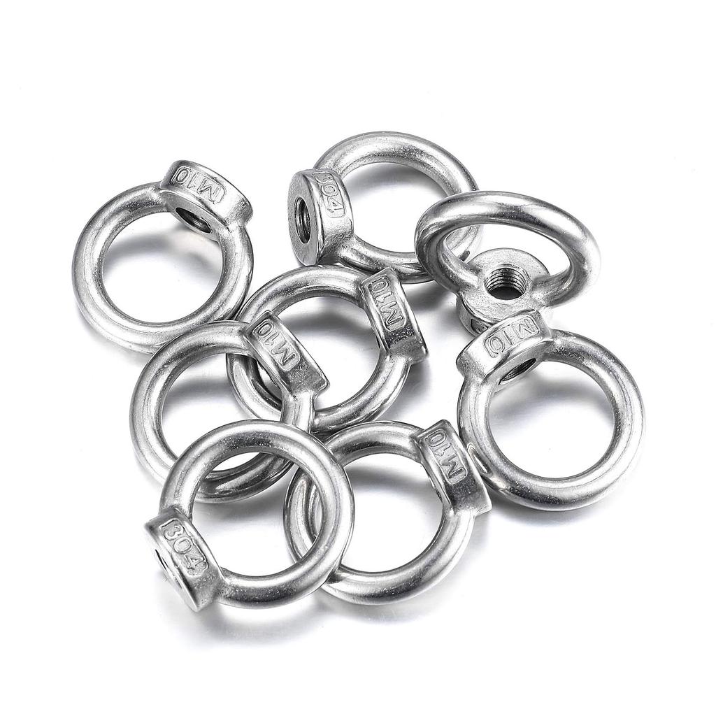 8pk M10 Stainless Steel Eye Nuts - Silver Lifting Rings for Hardware & Fastening