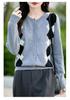 Women's Wool Color Block Diamond Cardigan, Round Neck Knit Sweater for Autumn and Winter.