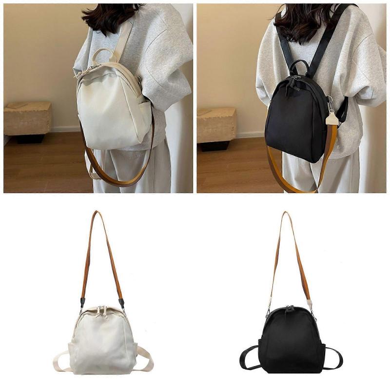 Womens Nylon School Backpack Simple Solid Color Adjustable Strap Zippered Crossbody Bag Multi Pockets Shoulder Book Bag  Black
