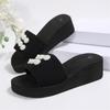 Women's Fashion Plus Size Platform Slide Sandals with Pearl Embellishments Thick Sole Casual Beach Footwear
