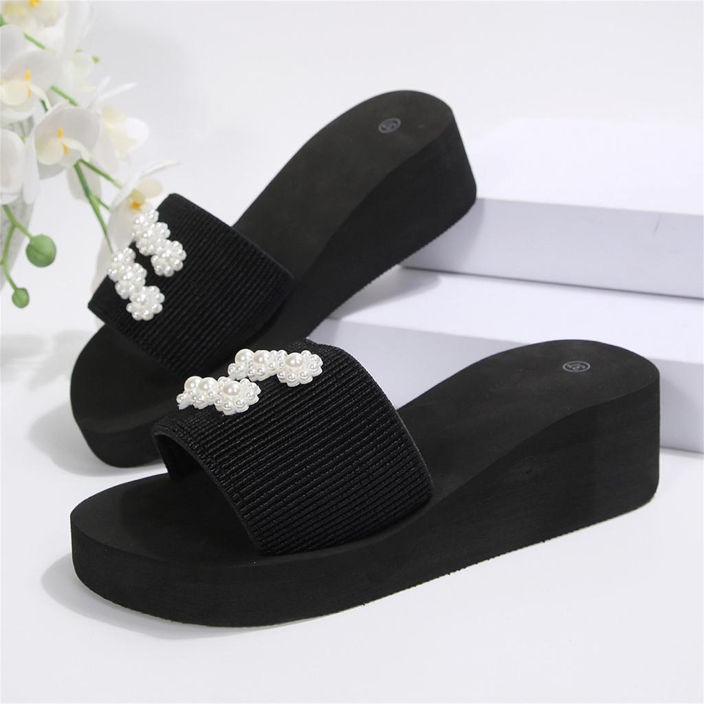 Women's Fashion Plus Size Platform Slide Sandals with Pearl Embellishments Thick Sole Casual Beach Footwear