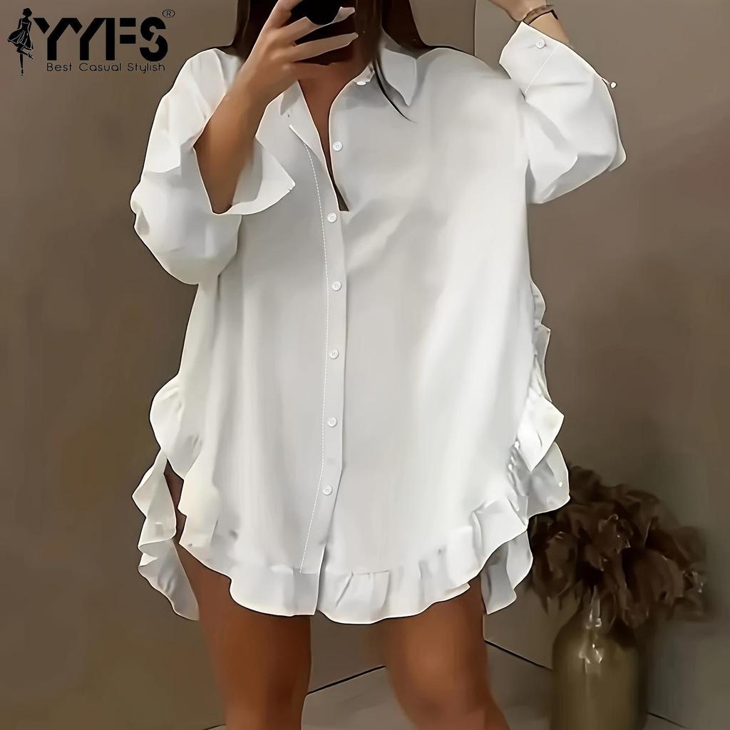 YYFS Damesmode Casual Lente Herfst Effen Kleur Print Lange Mouw POLO Hals Blouses & Shirts