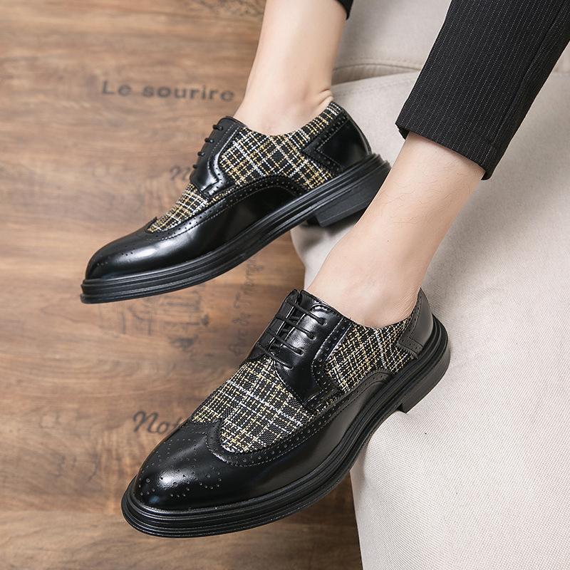 Men's Shoes Large Size New Leather Shoes Fashion Business Dress Color Matching Brock Engraved Leather Shoes Trendy Wedding Shoes
