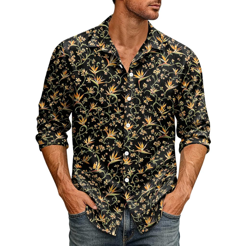 Men's Loose Fit Long Sleeve Shirt Hawaiian Style Casual Button Down Shirt with Spread Collar Suitable for Spring and Autumn