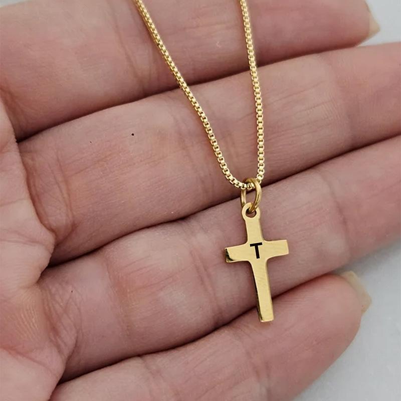 Engraved 26 Initial Letter Cross Pendant Necklace For Boys Girls Gold Plated Stainless Steel Children Jewelry