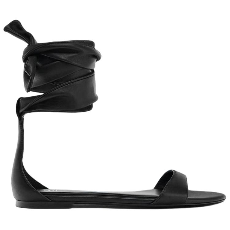 Zara Vintage Open-Toe Flat Lace-Up Leather Sandals Women sandals Black 3605510800