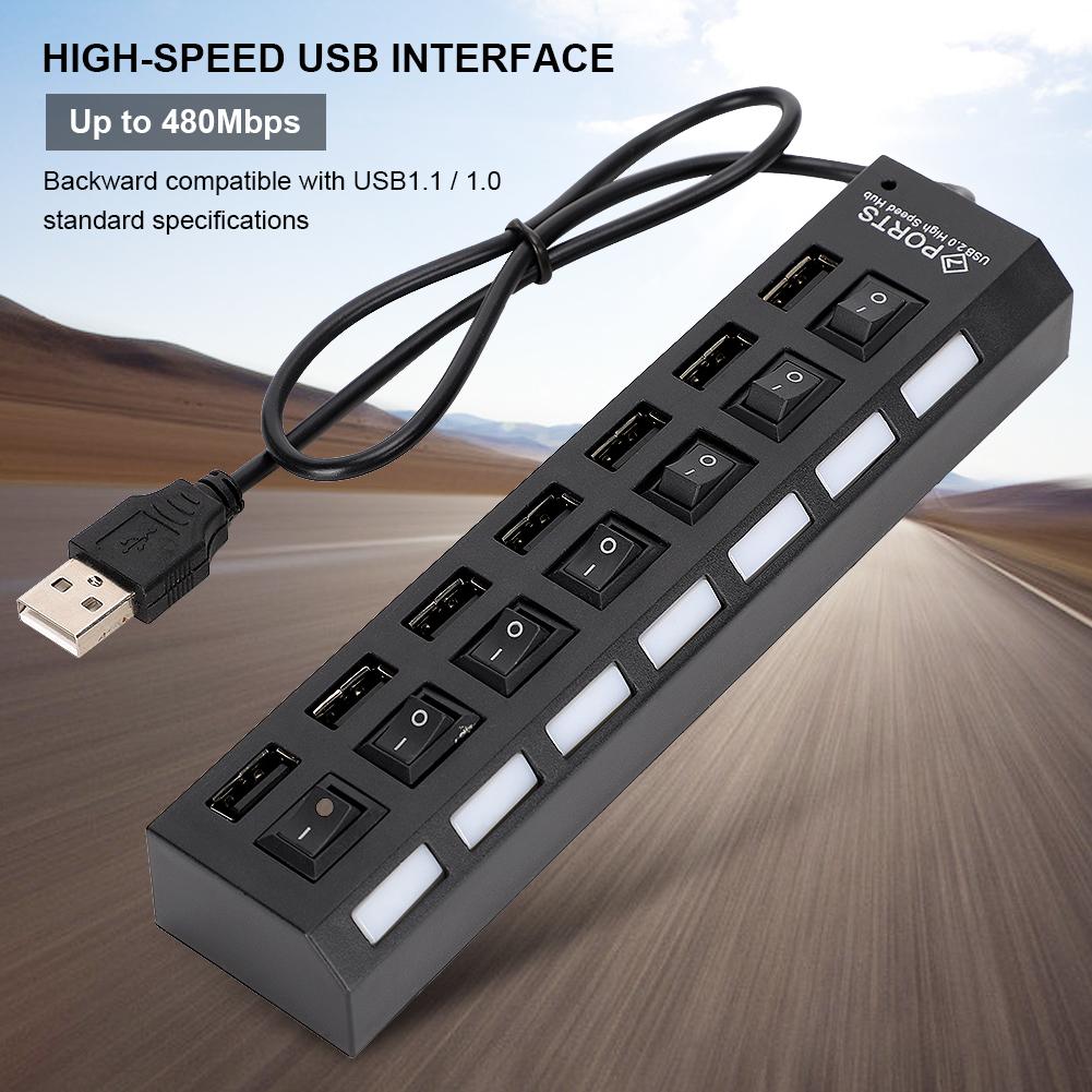 7 Port Hub USB Docking Station Black 480mbps with Switch for Overload Current Protection7 Ports Black