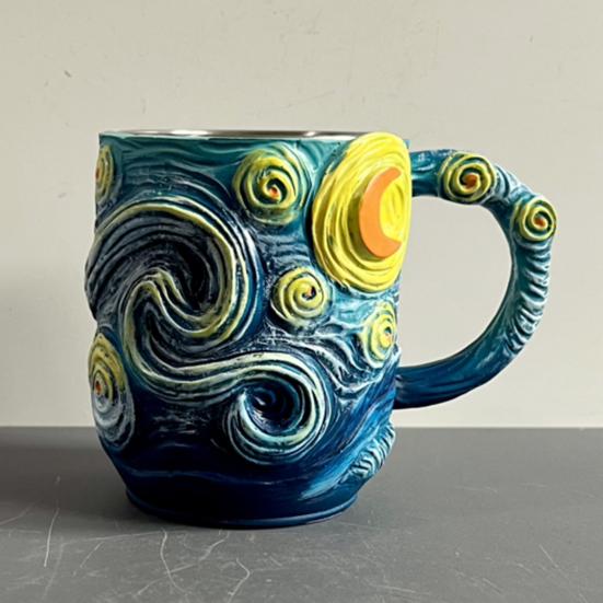 Caneca de Arte em Relevo 3D Noite Estrelada Céu Azul Design Giratório Copo com Alça Espiral Grande Capacidade Caneca de Café Única Presente Decorativo para Amantes da Arte