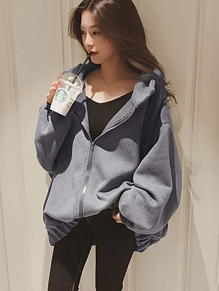 JudyRose Loose Winter Women's Hoodie, Zip-Up Hoodie, Fit, Oversized, Casual, Cute, Warm, Fleece-Lined, Spring, Autumn, (2XL, Gray)
