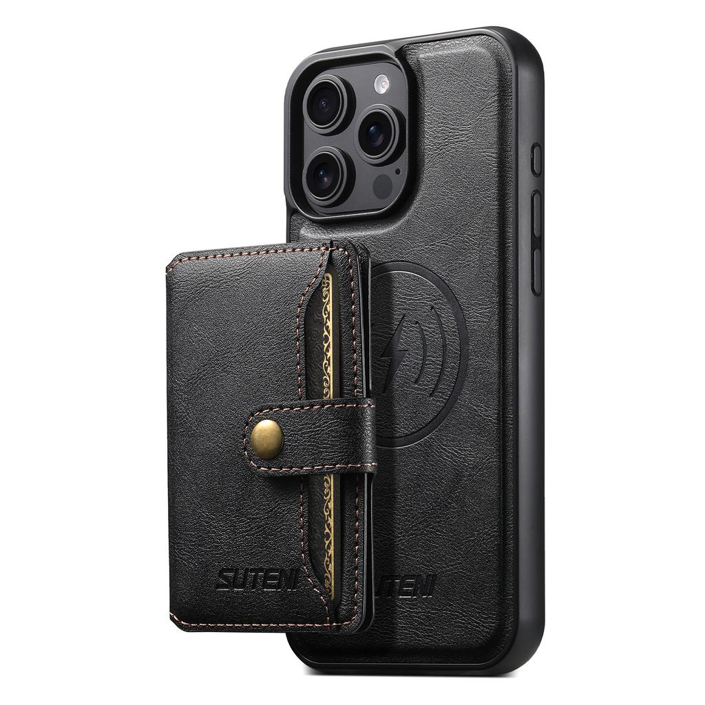 SUTENI M4 For iPhone 16 Pro Magnetic Case with Card Holder Cowhide Texture Leather Back Cover