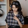 Short Sleeved Checkered Shirts for Women Summer Retro Versatile New Tops Loose Single Breasted Lapel Female's Blouses