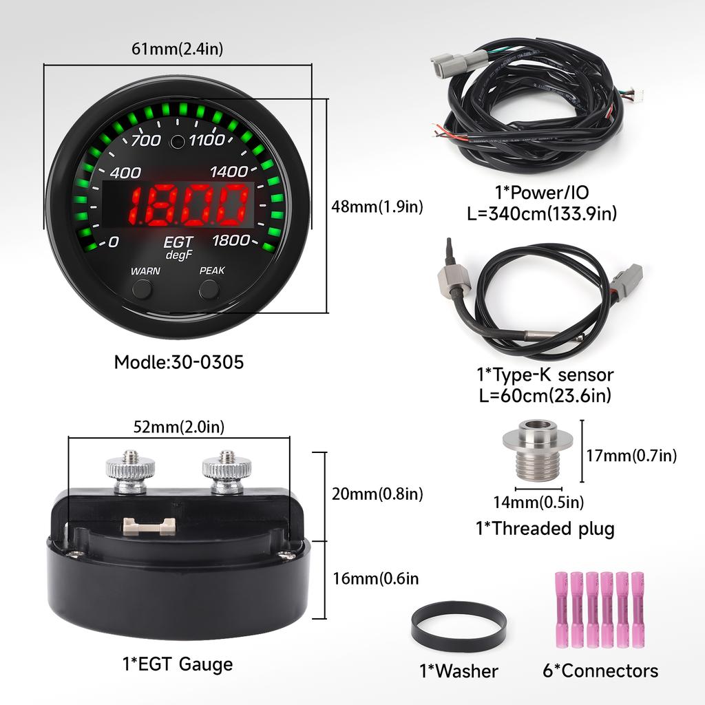 Car Digital Exhaust Gas Temperature EGT gauge 30-0305-ACC 52MM 1800F/1000C thermometer exhaust temp gauge Car Meter With Sensor
