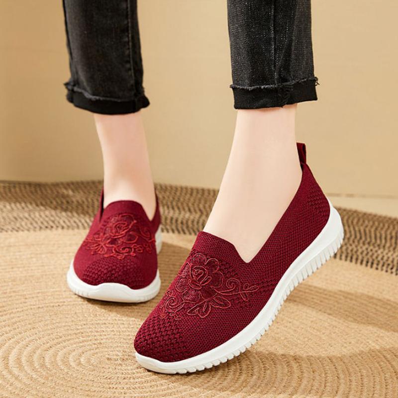 Women's Fashion Vulcanised Trainers Round Toe Breathable Flower Mesh Casual Flat Slip-On Women's Casual Vulcanised Shoes