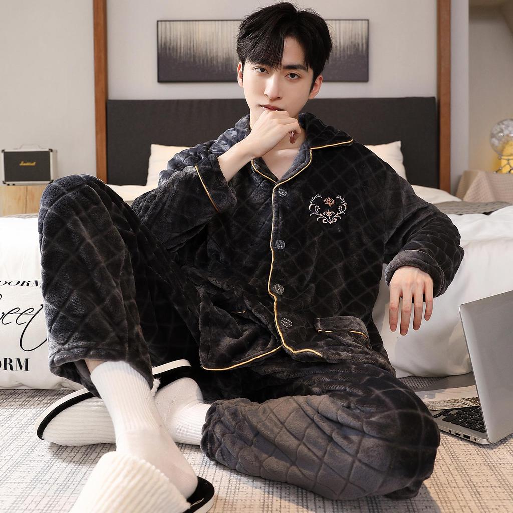 Men's Autumn/Winter Flannel Lapel Pajamas - New Arrival, Plus Velvet, Thickened Coral Fleece Homewear
