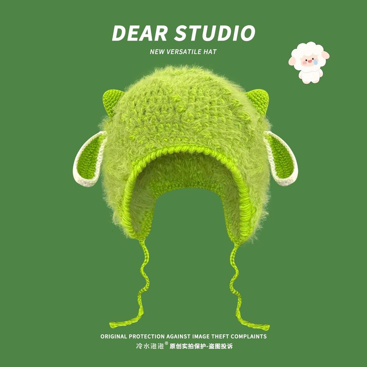 

Zhang Yixing same cute lamb ears plush hat women s season warm ear protection hat cartoon knitted Lei Feng hat M（56-58cm） зелений