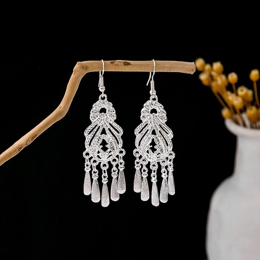 Miao Silver Tassel Dangle Earrings: Ethnic-Style Studs for Women