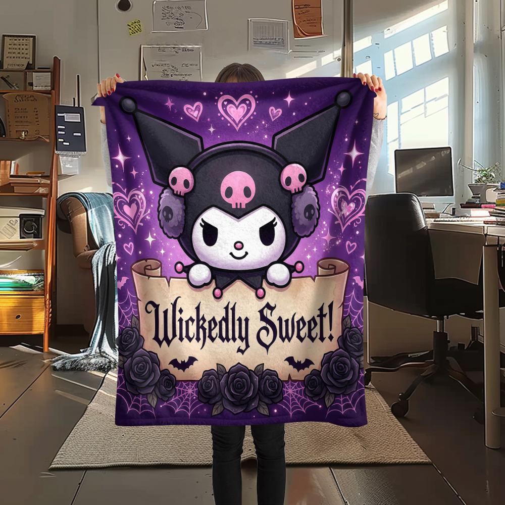 1PC Kuromi Print Flannel Blanket, High quality All Seasons, Home Decor, Warmth and Comfort, Perfect for Christmas Gifts