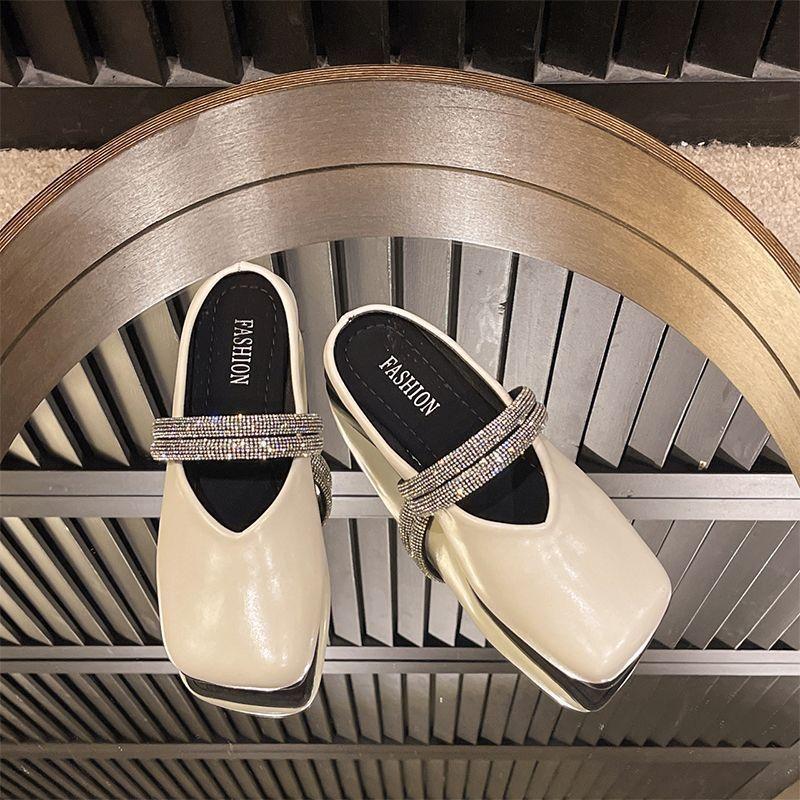 Square Toe Flat Sandals Rhinestone Woman Slippers High Quality Easy Wears Slides 2025 Luxury New Style Vip Mules Shoes for Women