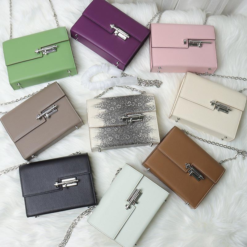 First Layer Cowhide Chain Bag Women'S Latch Bag Leather Lock Small Square Bag Shoulder Messenger Bag