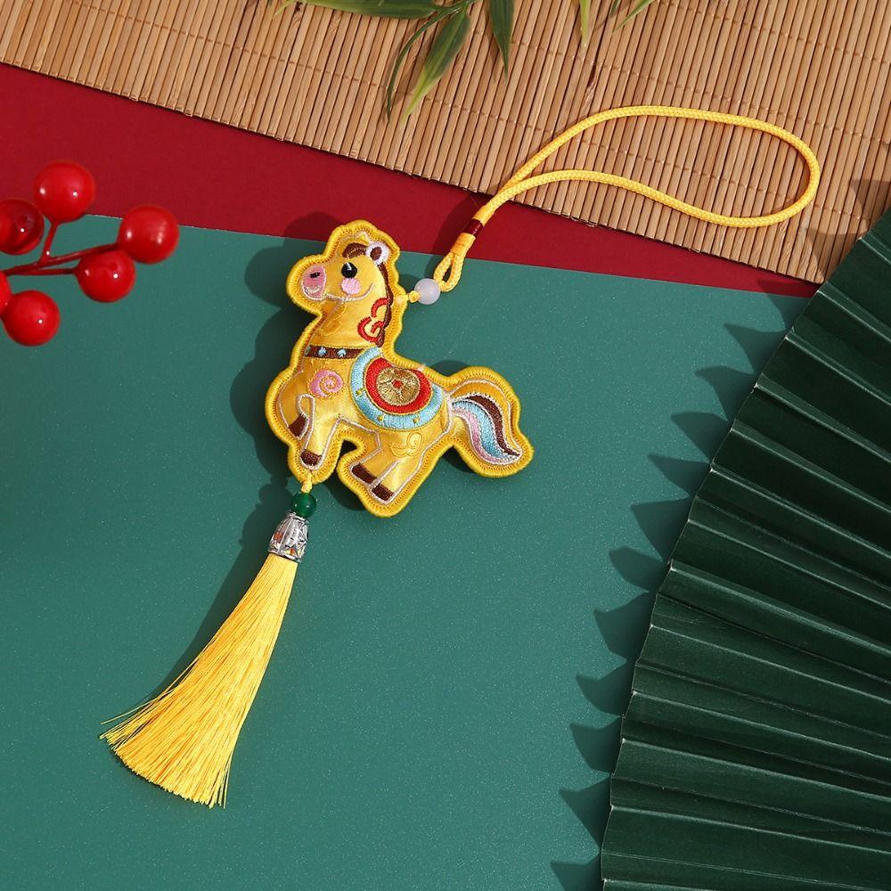 Chinese Style Pony Embroidered Pendant Spring Festival Zodiac Mascot New Year Horse Pendant Tassel Funny Car Hanging Ornaments