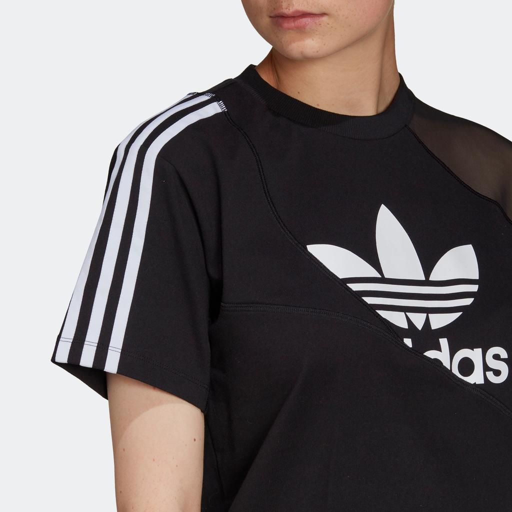 Adidas Originals Trefoil Large Logo Striped Print Spliced Casual Crew Neck Short Sleeve Drop Shoulder T-Shirt Women T-Shirt Black HC7039