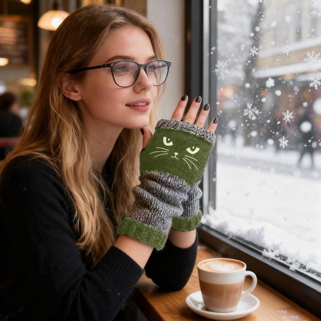 Knit Fingerless Gloves Cat Embroidery Outdoor Warming Supplies Warm Open Finger Gloves for Cat Lovers Women Girls Ladies Mothers