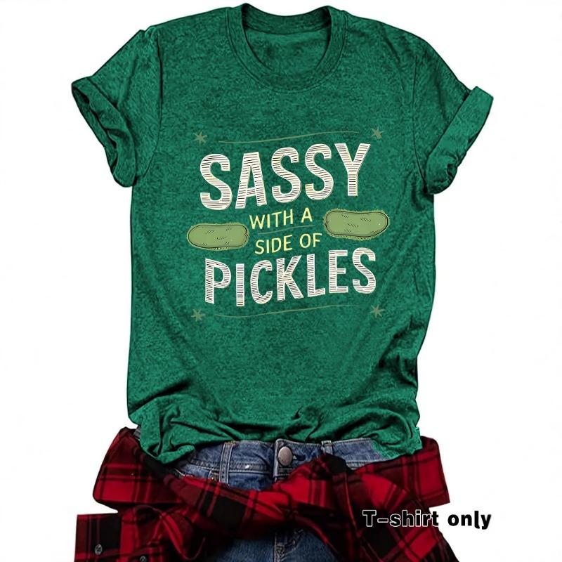 Women's Summer Round Neck Short Sleeve T-shirt Playful Cucumber Pattern Print Comfort T-shirt