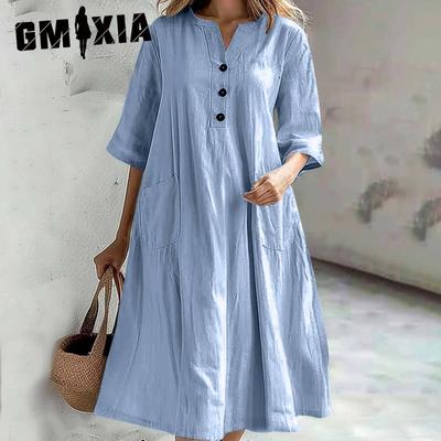 Damenkleid Damen Mittellanges Kleid mit V-Ausschnitt und halblangen Ärmeln aus Baumwolle und Leinen, lockere Version des Kleides mit drei Knopftaschen