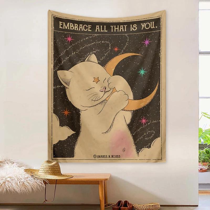 VIKAMA Retro Cute Pet Cat Tapestry Embraces the Sun Starry Sky Cat Planet Childrens Room Wall Decoration Home Decoration