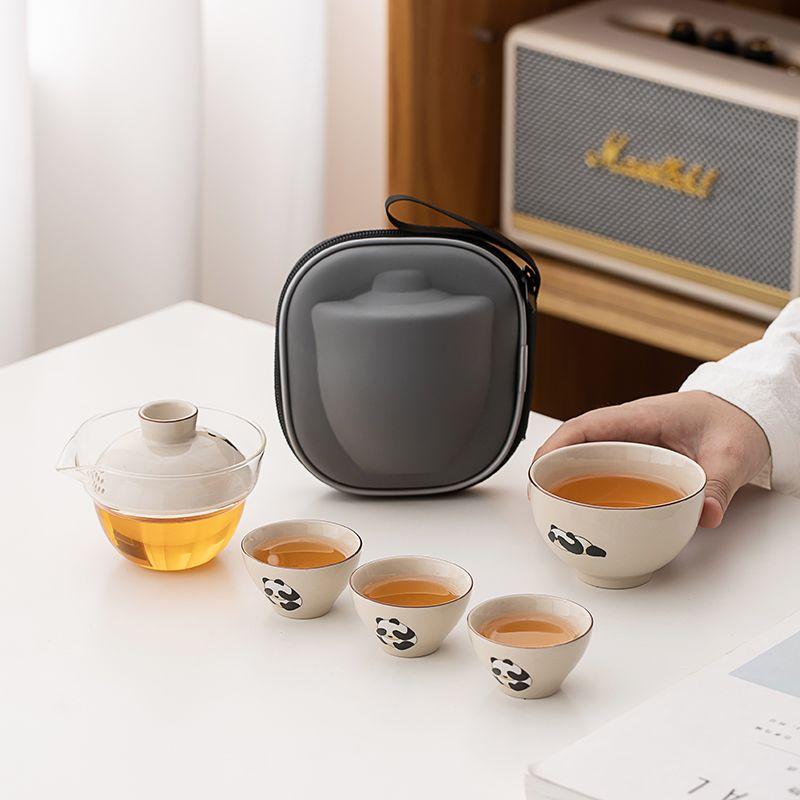 Panda Kuaike Cup Tea Set Including 1 Teapot  2 Cups, Portable Travel Teaware, Outdoor Portable Bag, Kung Fu Tea Brewing Teapot