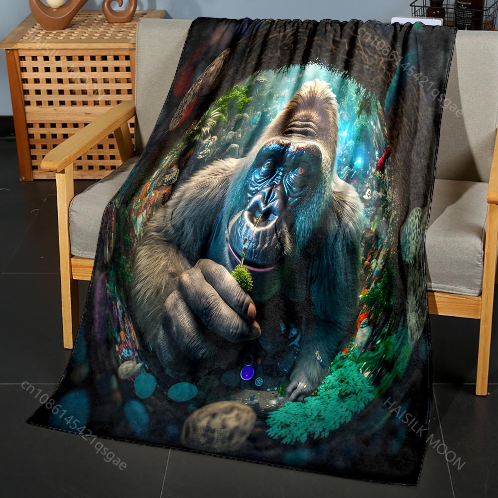 Gorilla Surrounded By Lush Greenery Pattern Blanket Flannel Material Soft Warm for All Seasons, Home Outdoor Camping Picnics RV